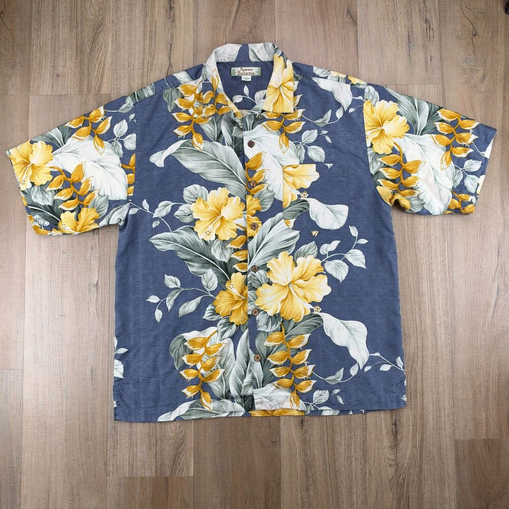 Tommy Bahama Mens Medium M Blue 100% Silk Floral Button-Up Hawaiian Shirt